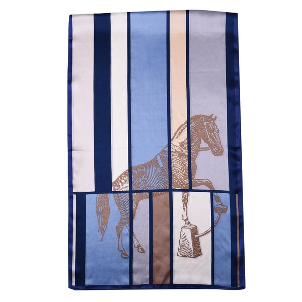 LA MAREY: Bedruckter Schal aus 100% Maulbeerseide, Streifenmuster und Pferd, inkl. Geschenkbox, Blau-Braun image number 4