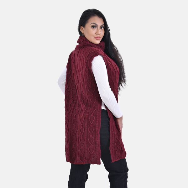 LA MAREY - gestrickter Halskragen Poncho mit Fransen, One Size, Burgunderrot image number 1