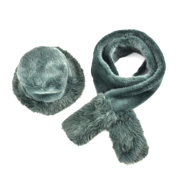 Damen Winterschal- und Hut-Set (2er-Pack) aus Kunstfell, Schwarzgr&uuml;n