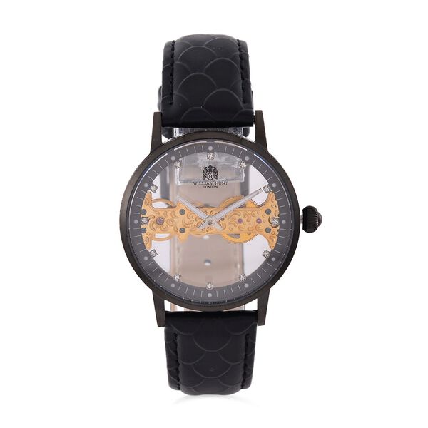 William Hunt Automatik-Uhr, Hohles Zifferblatt mit weißen Kristallen, Schwarz Lederarmband, 5ATM wasserdicht image number 0