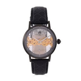 William Hunt Automatik-Uhr, Edelstahlgehäuse, Hohles Zifferblatt mit weißen Kristallen, Schwarz Lederarmband, 5ATM wasserdicht