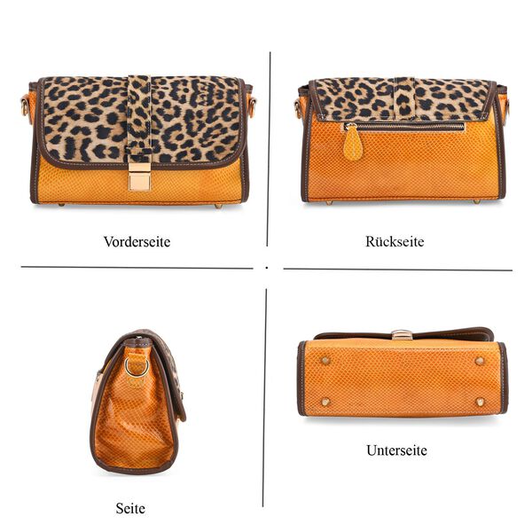 Chaos by Elsie- Echtleder Crossbody Tasche mit RFID-Schutz, Leopardenmotiv Klappe, 2 Au&szlig;enf&auml;cher mit Rei&szlig;verschluss, 28x10x18cm, Beige image number 5