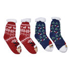 2er-Set - 2 Paar rutschfeste Haus Socken mit warmem Sherpa Futter, Einheitsgröße Weihnachtsmotiv, Rot und Dunkelblau  image number 2