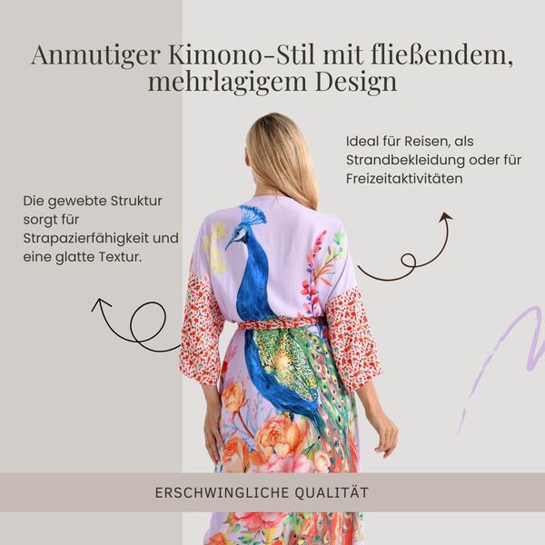 Kimono mit G&uuml;rtel, floralem Pfauenmuster, 128&times;78 cm, Fliederfarben image number 4