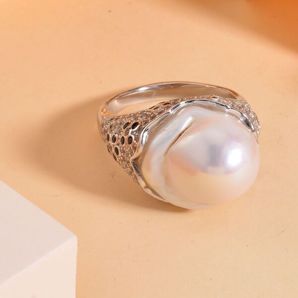 Wei&szlig;er Barockperle, schwarzer Spinell und Zirkon-Ring- 25 ct. image number 2