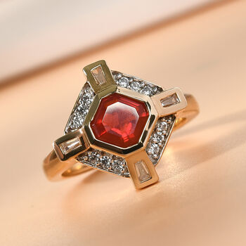 Mexikanischer Kirschfeuer-Opal und Zirkon Ring 925 Silber Gelbgold Vermeil  ca. 1,07 ct