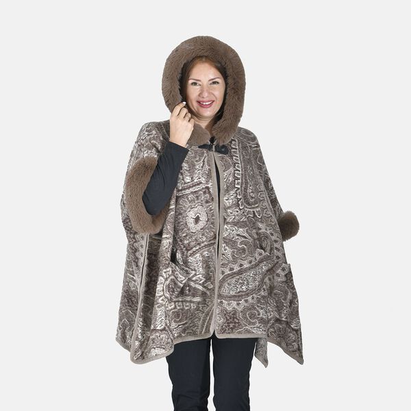 LA MAREY - Kunstfell Poncho mit Kapuze, One Size, Braun image number 5