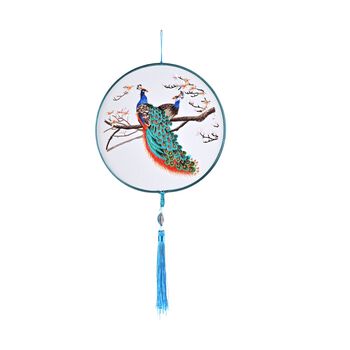 LIVMORE - Handstickerei-Wanddekoration aus 100% Seide mit Jade-Quaste, 20 cm, Pfau-Motiv