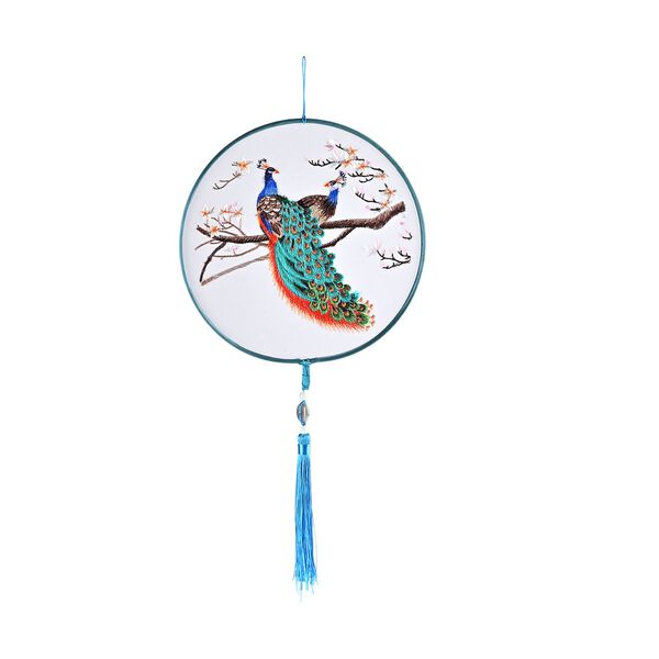 "Brand:LIVMORE Double-sided embroidery Silk wall decoration with  Jade tassel- Round shape                                                                                                               Size Dia: 20cm Pattern: Green Peacock Package:Gift Box image number 4