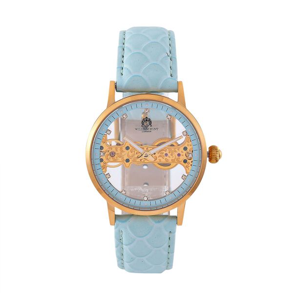 William Hunt Automatik-Uhr, Hohles Zifferblatt mit wei&szlig;en Kristallen, Himmelblau Lederarmband, 5ATM wasserdicht
