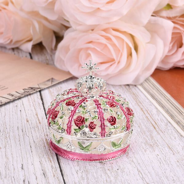 Handgemachte Kronenförmige Schmuckdose aus Metall und Kristall, mit magnetischem Verschluss, 6x6.5 cm, Rosa image number 2