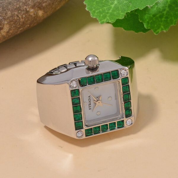STRADA - Ringuhr mit Neongrüner Kristall und Weißkristall, Japanischem Uhrwerk, 7.5 cm, Reiner Edelstahl image number 2
