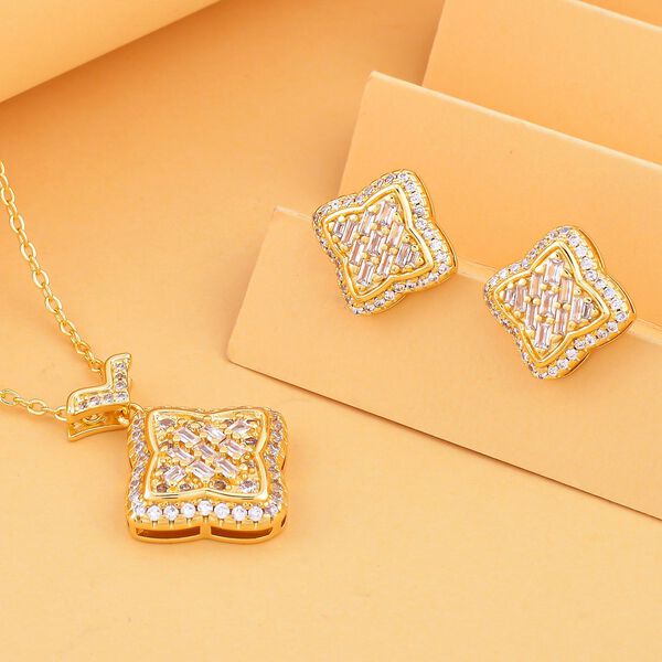 2er Set, Wei&szlig;e Zirkonia Halskette und Ohrringe, Messing, goldfarben image number 2