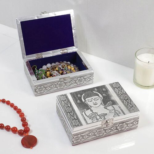 2er-Set Lord Buddha geprägte Schmuckkästen, Größe: 17,7x12,7x5,08 cm, Silber und Blau image number 1