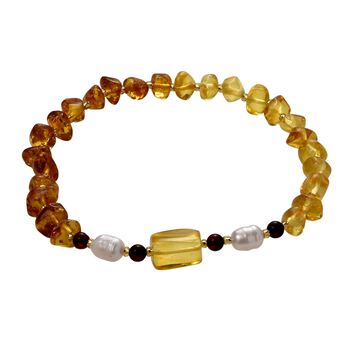 Wei&szlig;e S&uuml;&szlig;wasser Perle (6-8 mm), Mehrfarbiger Bernstein Armband, Flexibles ca. 18 cm - 19 cm