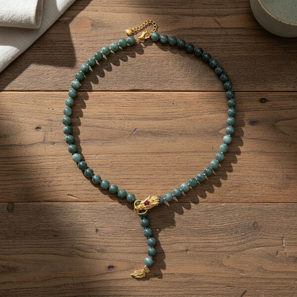 D'Joy Nat&uuml;rlicher Olmek Jadeit, Roter Granat Halskette ca. 50 cm + 5 cm Extender, 925 Silber vergoldet image number 2