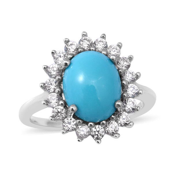 Nat&uuml;rlicher Sleeping Beauty T&uuml;rkis und Zirkon Halo Ring 925 Silber Platin &Uuml;berzug