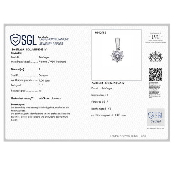 LUXURIANT SGL zertifizierter VS-EF Labor Oktillionschliff Diamant Anh&auml;nger in 950 Platin - 1 ct. image number 4