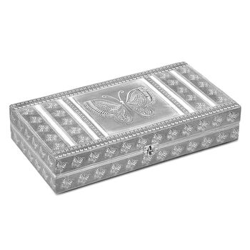 Handgefertigte, oxidierte Schmuckschatulle mit Schmetterling-Pr&auml;gung, 38x20x7,6 cm, Silber