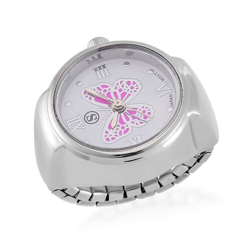 Neueinführung - STRADA Japanisches Uhrwerk, Wasserdicht Rosa Schmetterlingsmuster Biegsame Fingeruhr aus reinem Edelstahl image number 0