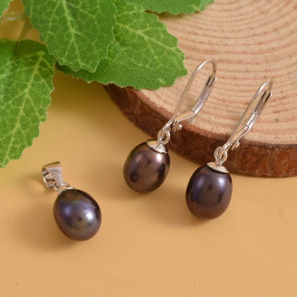 2er Set, S&uuml;&szlig;wasserzuchtperlen Ohrringe und Anh&auml;nger, 925 Silber, 925 Silber rhodiniert, Pfau image number 2