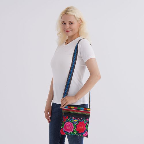 Crossbody-Tasche mit floraler Stickerei, ethnischem Boho-Muster, 23×24 cm, Schwarz-Bunt image number 1