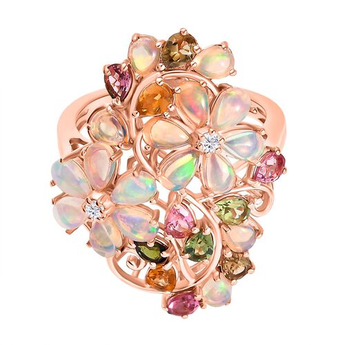 Flora Aurora - D joy Natürlicher, äthiopischer Welo Opal, Mehrfarbiger-Turmalin Eternal Blossom Ring, 925 Silber 750 Roségold Vermeil (Größe 19.00) ca. 4,07 ct image number 0
