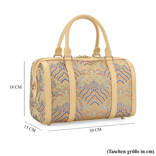 LA MAREY Brokat Crossbody Tasche aus Seide und Echtleder, 30x18x15cm, Beige image number 7