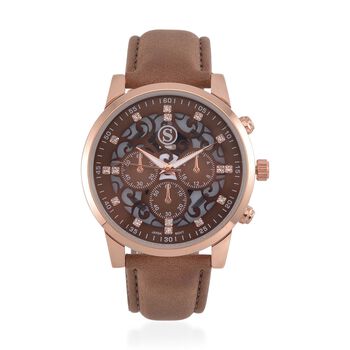 Strada Japanisches Uhrwerk - Exklusive Uhr mit braunem Hohlzifferblatt, braunem PU-Band und Edelstahl-Schnalle, Wei&szlig;er Kristall Uhr, 23cm, rose