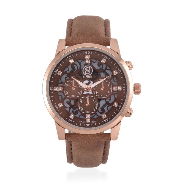 Strada Japanisches Uhrwerk - Exklusive Uhr mit braunem Hohlzifferblatt, braunem PU-Band und Edelstahl-Schnalle, Wei&szlig;er Kristall Uhr, 23cm, rose