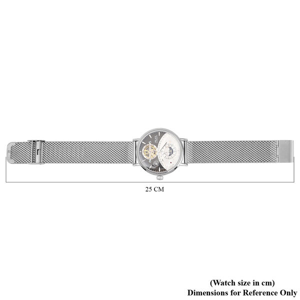 GENOA - Mondphasenuhr mit Schwungrad, Automatikwerk, schwarzes Ziffernblatt mit Milanese Armband im Silberton, wasserdicht image number 6