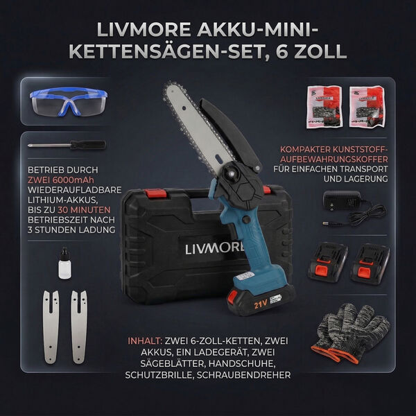 "Electric saw 6 inches Rated voltage :21v Motor speed: 20,000 RPM Motor power :180W Battery disassembly: Yes Switch method: Safety button Switch interface type :DC Input voltage :1A Power supply mode: Lithium battery Battery capacity :24VH 6000mah- Charge image number 5