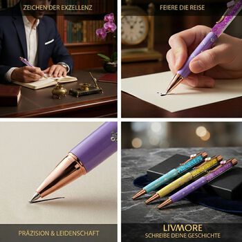 "set of 3 artificial Ballpoint Pen material:Aluminum alloy +Plastic,   Color: Macaron light blue,macaron yellow,macaron purple black ink Pen barrel with engraved The box is printed with the logo"