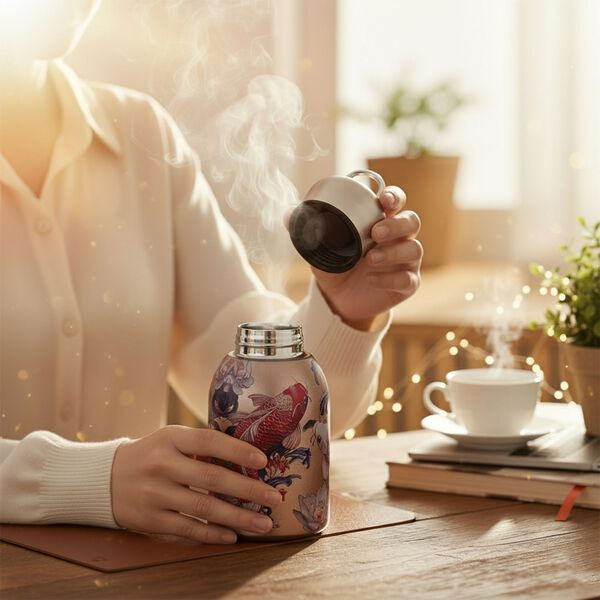 LIVMORE - Isolierflasche aus 316L Edelstahl mit Doppelwand und Motiv Koi und Lotus, f&uuml;r hei&szlig;e und kalte Getr&auml;nke, 260 ml image number 1