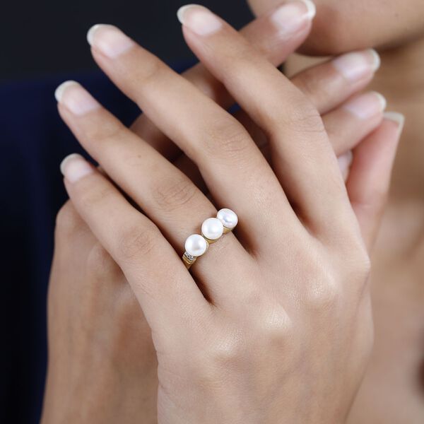 Süßwasser Perle, Weißer Zirkon Ring 925 Silber Gelbgold Vermeil (Größe 17.00) ca. 0.09 ct image number 3