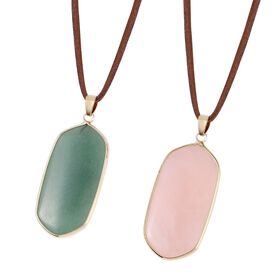 2er Set - Rosenquarz, Grüner Aventurin Schmuckset Messing, Reines Leder ca. 200.00 ct