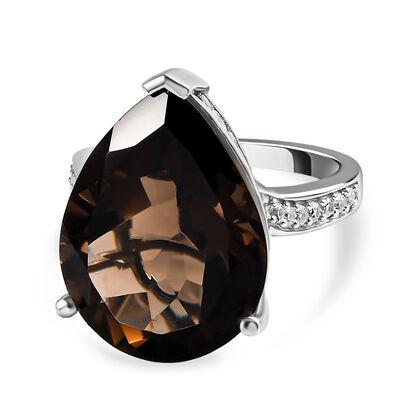 Rauchquarz und wei&szlig;er Zirkon Ring, 925 Silber platiniert (Gr&ouml;&szlig;e 20.00) ca. 15,14 ct