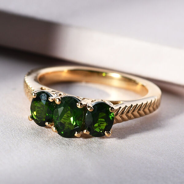 Nat&uuml;rlicher Chromdiopsid 3 Stein Ring 925 Silber vergoldet  ca. 1,28 ct image number 2