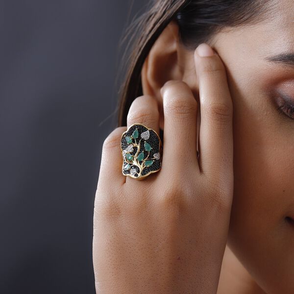 Kagem Sambischer Smaragd, Schwarzer Spinell Ring, 925 Silber vergoldet (Gr&ouml;&szlig;e 17.00) ca. 3.64 ct image number 3