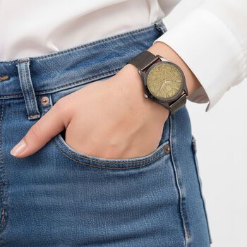 STRADA Stardust Zifferblattuhr mit japanischem Uhrwerk und schwarzfarbenem 316L Edelstahl -Mesh-Armband