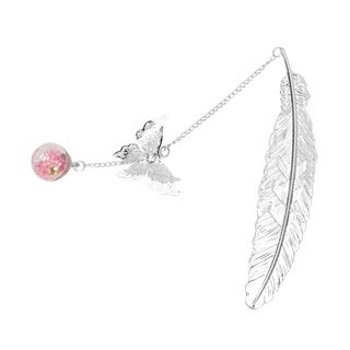 Metallfeder-Lesezeichen mit 3D-Schmetterling und ewigem Blumen-Glaskugel, Silberfarben mit Rosa Kristalle