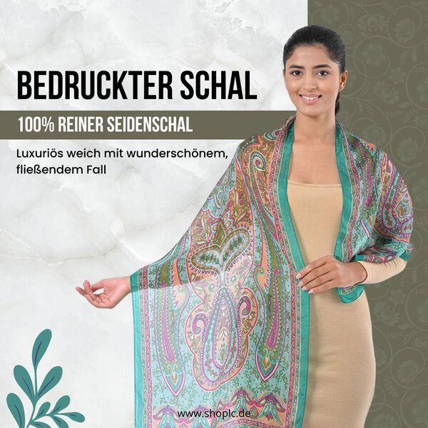 Bedruckter Schal aus 100% Seide, Mehrfarbiges Muster mit grüner Bordüre, 70x200 cm image number 0