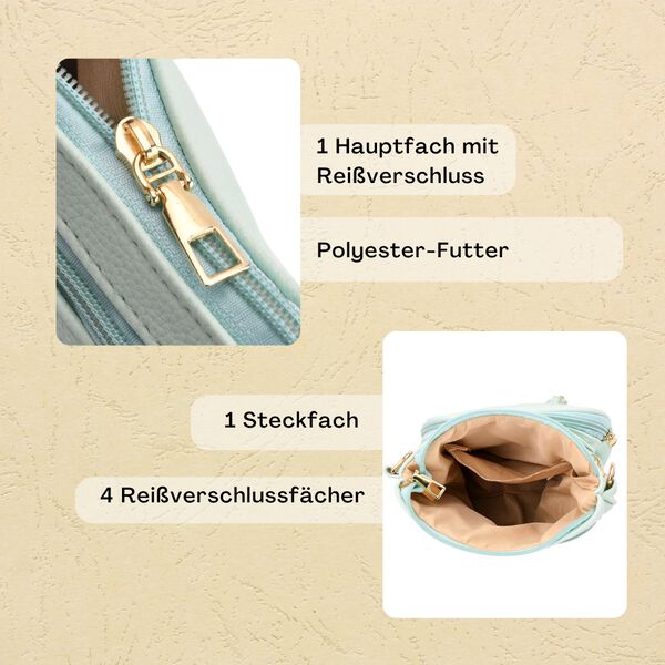Crossbody-Tasche mit mehreren Rei&szlig;verschlussf&auml;chern und gemustertem Gurt, 19x22cm, Mintgr&uuml;n image number 2