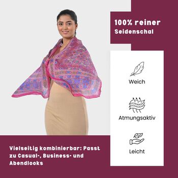 Bedruckter Schal aus 100% Seide, Mehrfarbiges Muster mit rosa Bord&uuml;re, 70x200 cm