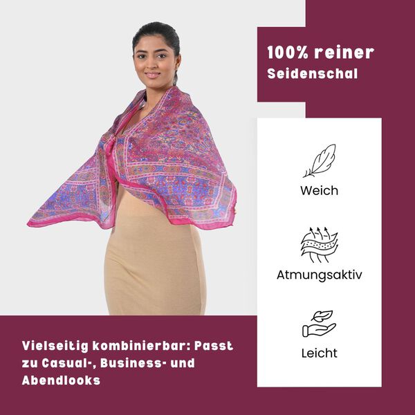 Bedruckter Schal aus 100% Seide, Mehrfarbiges Muster mit rosa Bord&uuml;re, 70x200 cm image number 3