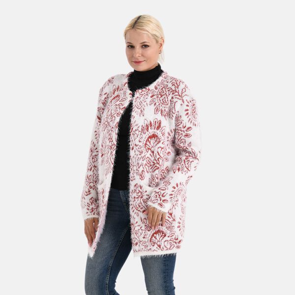 Cardigan mit abstraktem Blumenmuster und Taschen, One Size, Länge 78 cm, Rot image number 2