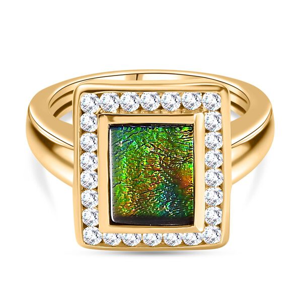 Ammolit, Wei&szlig;er Zirkon Baguetteschliff Ring, 925 Silber, 750 Gelbgold Vermeil (Gr&ouml;&szlig;e 19.00) ca. 2.76 ct