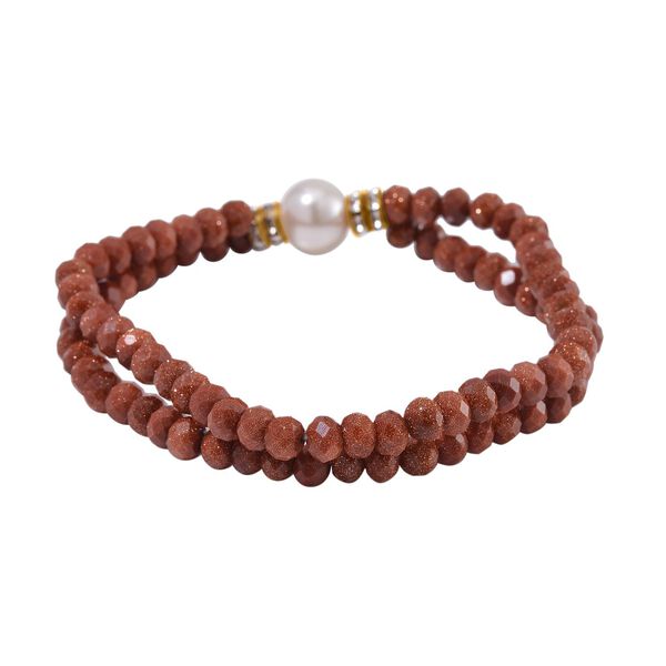 Muschelkernperle-Armband mit Goldsandstein und Weißem Kristall, flexibel, vergoldet image number 3