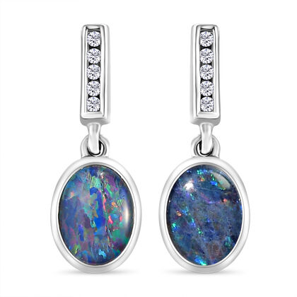 Boulder Opal Triplett und weiße Zirkon-Ohrringe, 925 Silber platiniert ca. 2,11 ct