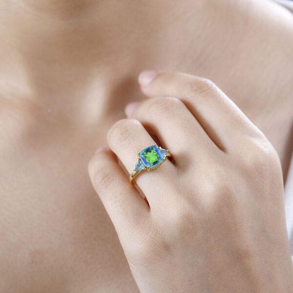 Pfau Quarz Triplette, Blauer Apatit Ring 925 Silber vergoldet (Größe 16.00) ca. 3,17 ct image number 3